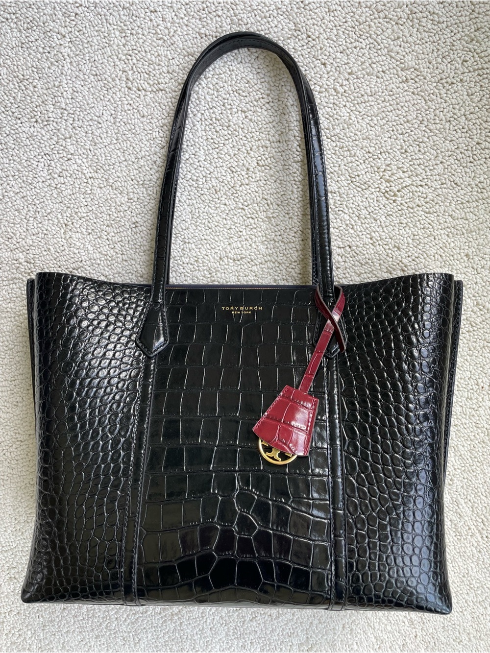 New Without Tags Tory Burch Black Crocodile Embossed Perry Purse Tote Bag